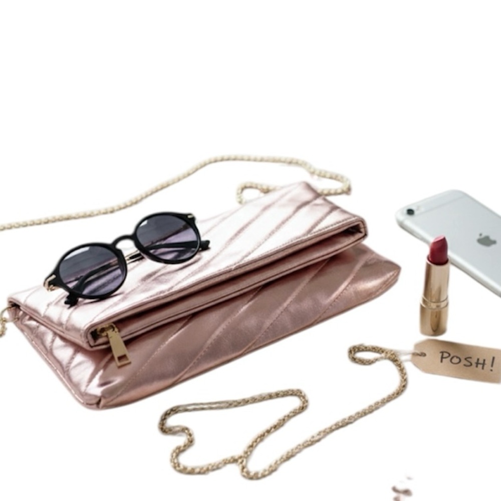 New-Rose Gold Quilted Clutch with Gold Crossbody Chain Strap